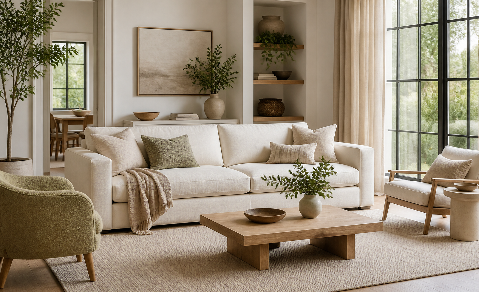 Relaxed designer living room with a cream sofa